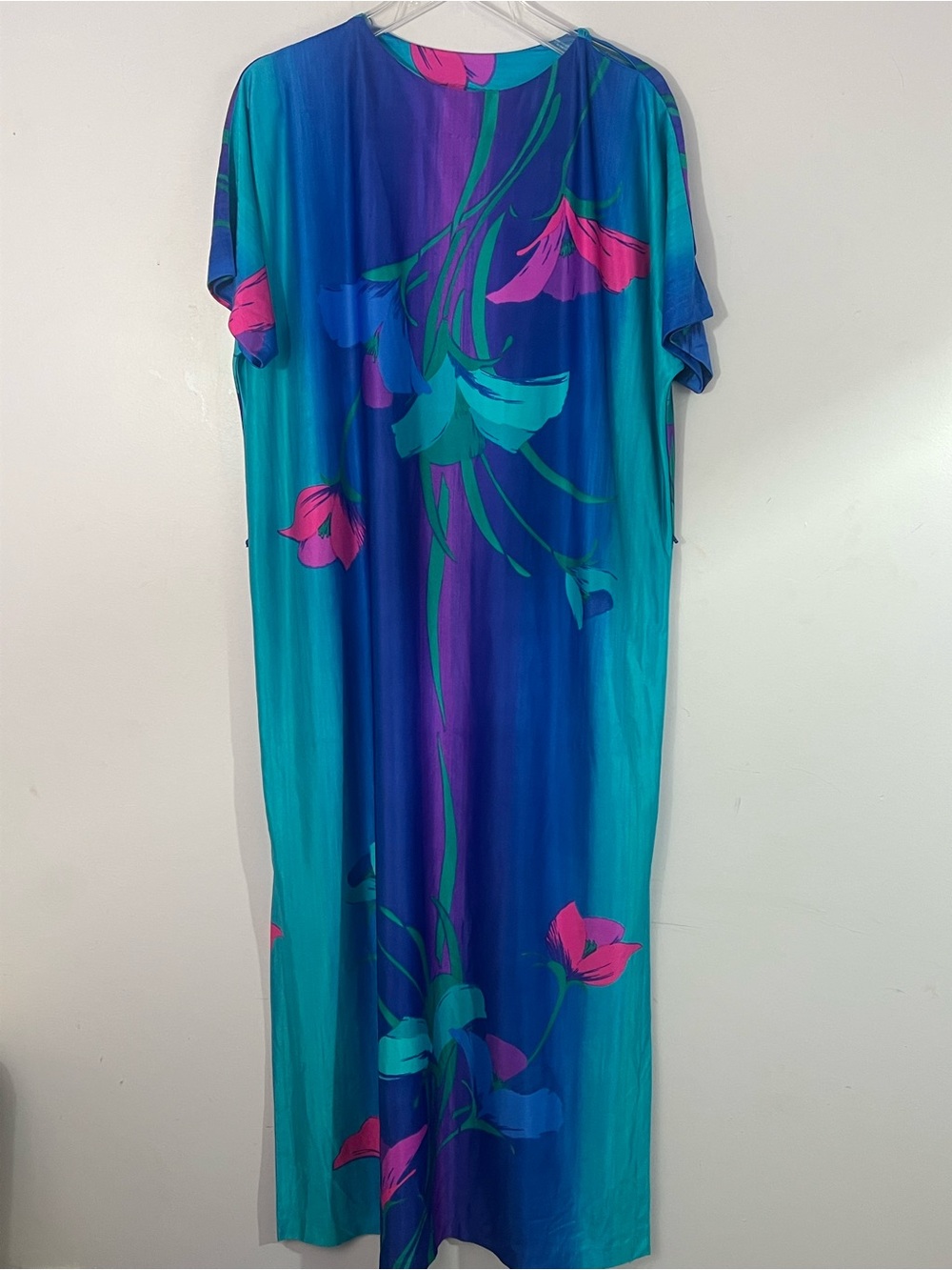 Vintage DeWeese Design Floral Caftan Maxi Dress M Teal Blue Purple Pink